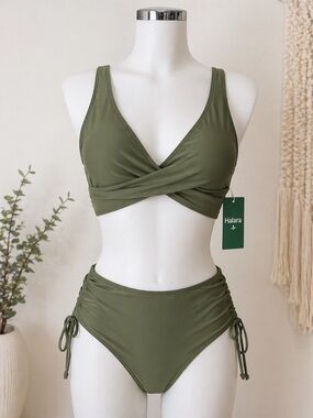 HALARA Olive Green Bikini Set Ruched High Waisted Bottom Twist Front Top Sz L
